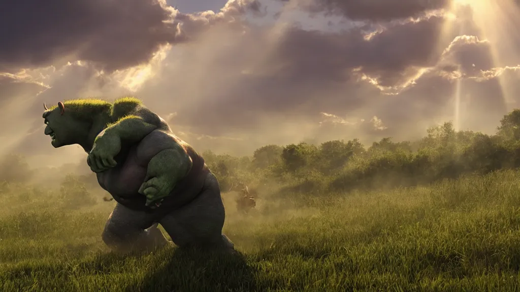 Prompt: a huge violent angry ogre stomps through a meadow, crepuscular rays, photorealistic