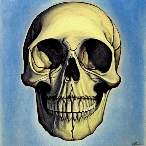 Prompt: A beautiful experimental art of a skull that is part organic, part mechanic. It is an accurate representation of how the artist sees the world. by Peter Howson, by Ferdinand Hodler exciting, unnerving