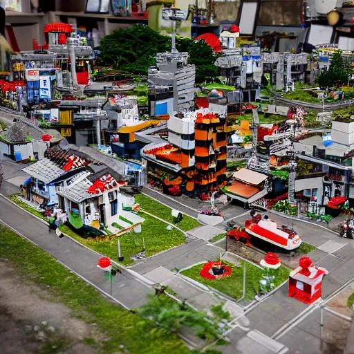 Image similar to a miniature japanese lego village destroyed by a nuclear bomb, photo studio, professional photo, trending on artstation, hdr