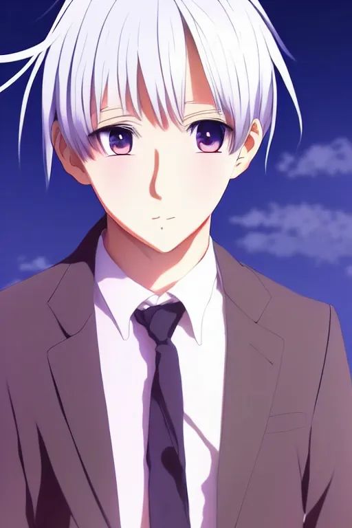 Image similar to anime art full body portrait character concept art, anime key visual of young male warror, platinum blonde straight bangs and large eyes, finely detailed perfect face delicate features directed gaze, standing on a bridge during sunset, trending on pixiv fanbox, studio ghibli, extremely high quality artwork