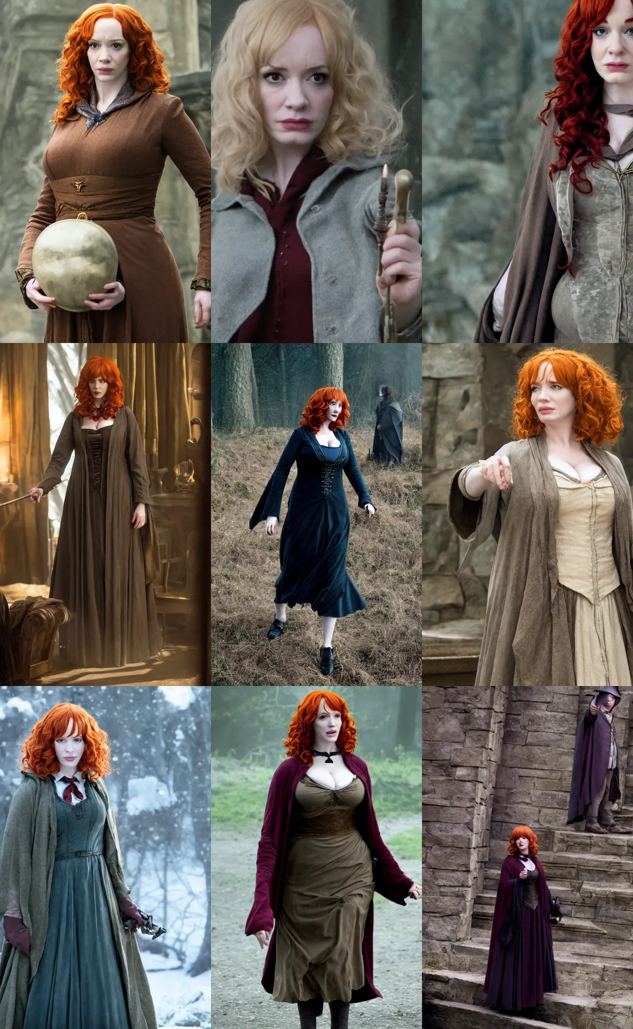 Prompt: movie still of christina hendricks cosplaying as harry potter from the deathly hallows, directed by david yates