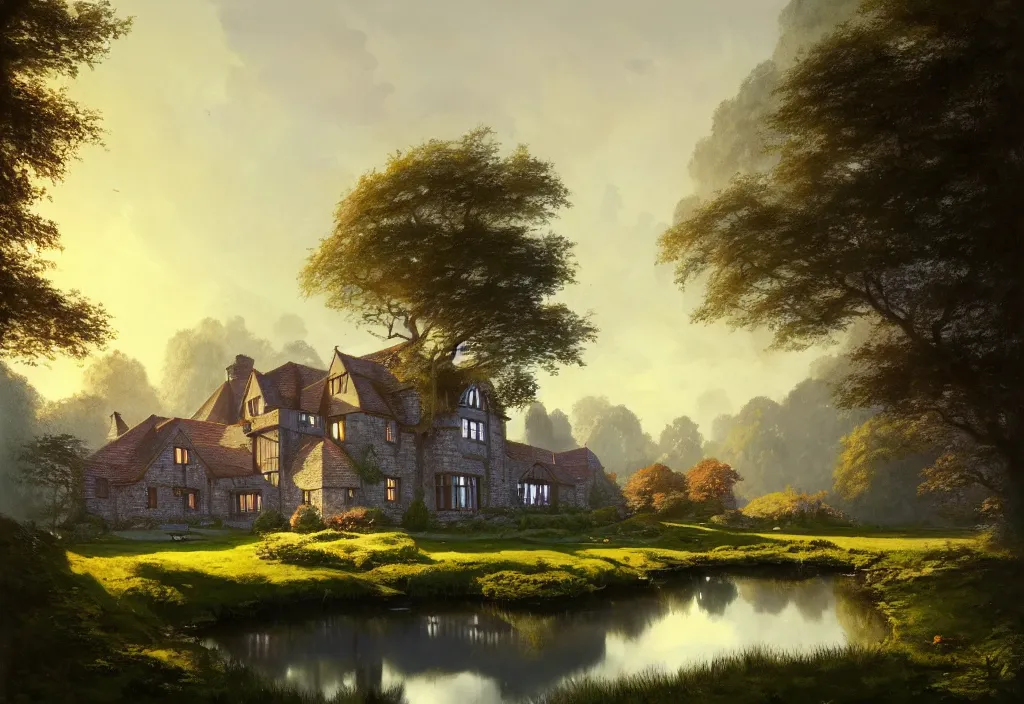 Prompt: a small tudor country house on a hillside with a pond, cinematic view, blue sky, detailed, concept art, high angle, high detail, warm lighting, volumetric, godrays, vivid, trending on artstation, by jordan grimmer, art greg rutkowski
