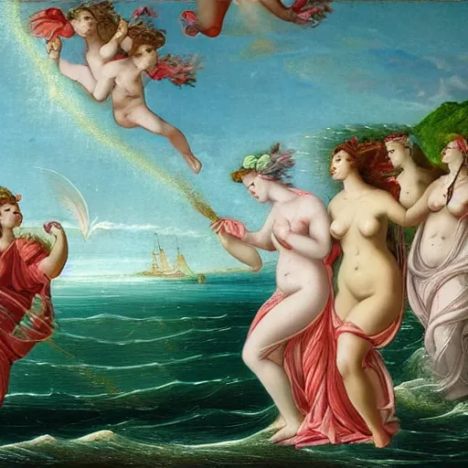 Prompt: The digital art depicts the goddess Venus, who is born from the sea, being blown towards the shore by the wind god Zephyr. On the shore, the goddess of love, beauty, and fertility, is greeted by the nymphs who attend to her. The digital art is a masterful example of use of color, light, and perspective. The figures are depicted in graceful poses, and the overall effect is one of serenity and beauty. by Bastien Lecouffe-Deharme earthy, monumental