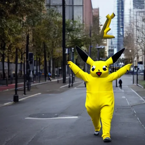 Image similar to A photograph of a man going to work in a pikachu suit