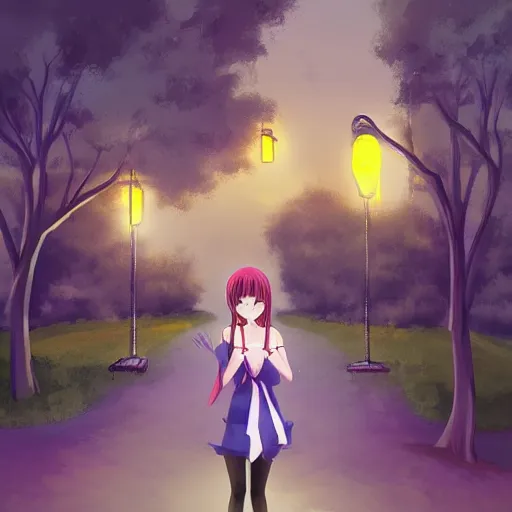 Prompt: anime girl in a park, evening lightning, warm, digital painting