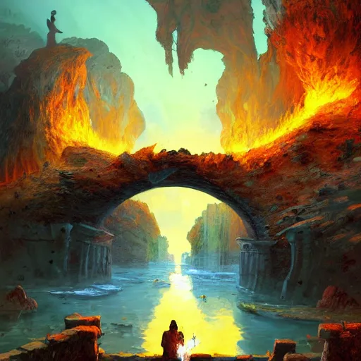 Image similar to acrylic painting, impressionism and expressionism, bold colors, expressive brushstrokes. the ferryman under a stone bridge over the river styx in hades. fantasy art by tyler edlin, cgsociety, burning torches, cliffs