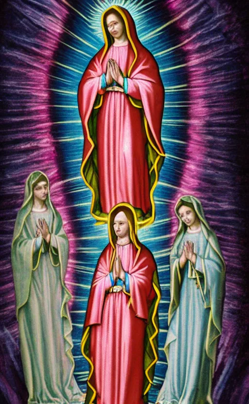 Image similar to virgin mary, our lady of lourdes, lady of guadalupe, blessed mother in front of a pink waterfall with ribbons and angels in clouds. beautiful lighting. highly detailed textures.