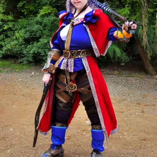 Image similar to full shot photo of a female jester warrior with waepons