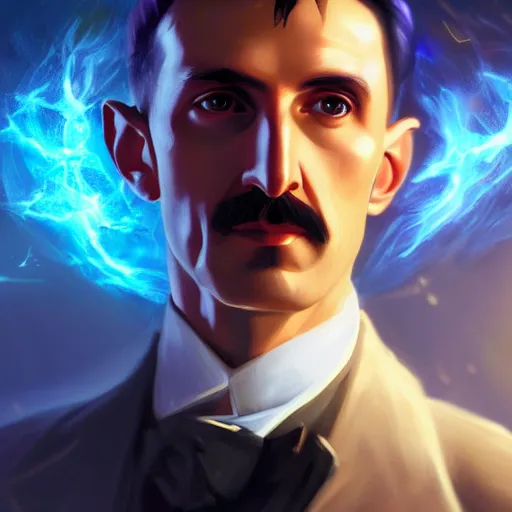 Image similar to portrait of nikola tesla as zeus, league of legends amazing splashscreen artwork, fantasy, splash art, natural light, elegant, photorealistic facial features, intricate, fantasy, detailed face, atmospheric lighting, anamorphic lens flare, cinematic lighting, league of legends splash art, hd wallpaper, ultra high details by greg rutkowski