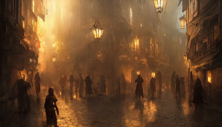 Image similar to street of medieval city lighten by torches during early evening, shadows, reflections, epic composition, intricate, elegant, volumetric lighting, digital painting, highly detailed, artstation, sharp focus, illustration, concept art, ruan jia, steve mccurry