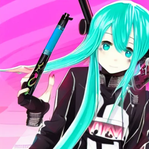 Image similar to hatsune miku high on weed with bloodshot eyes smoking with a vape pen.