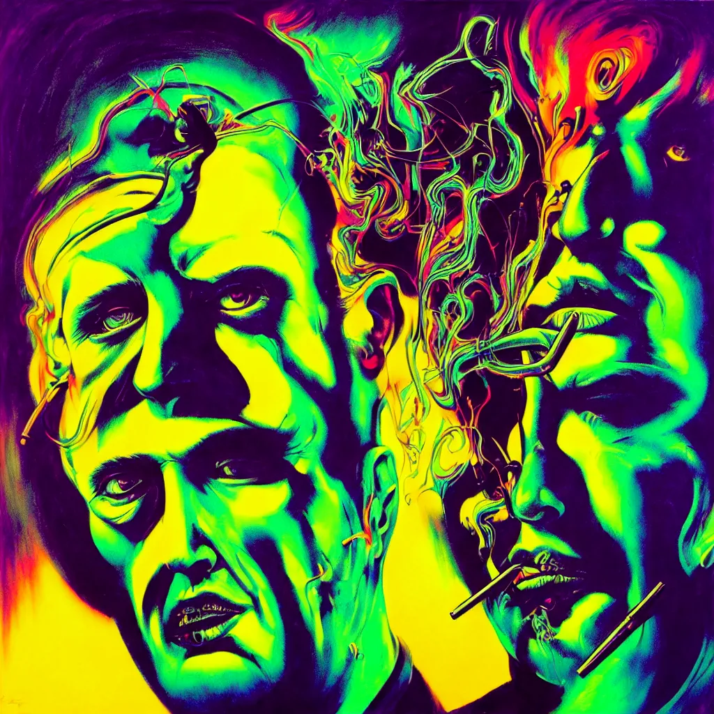 Prompt: psychedelic bright portrait of bill hicks smoking in the style of hans giger, alex grey, lynchian atmosphere, film noir, concept art, art by kuvshinov ilya and zdislav beksinski and wayne barlowe, vivid colors, yellow, purple, red, black, blue, green, orange, pink