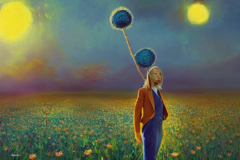 Image similar to giant thistle flower under head, a girl in a suit in field of flowers, surreal photography, sunrise, blue sky, dramatic light, impressionist painting, digital painting, artstation, simon stalenhag
