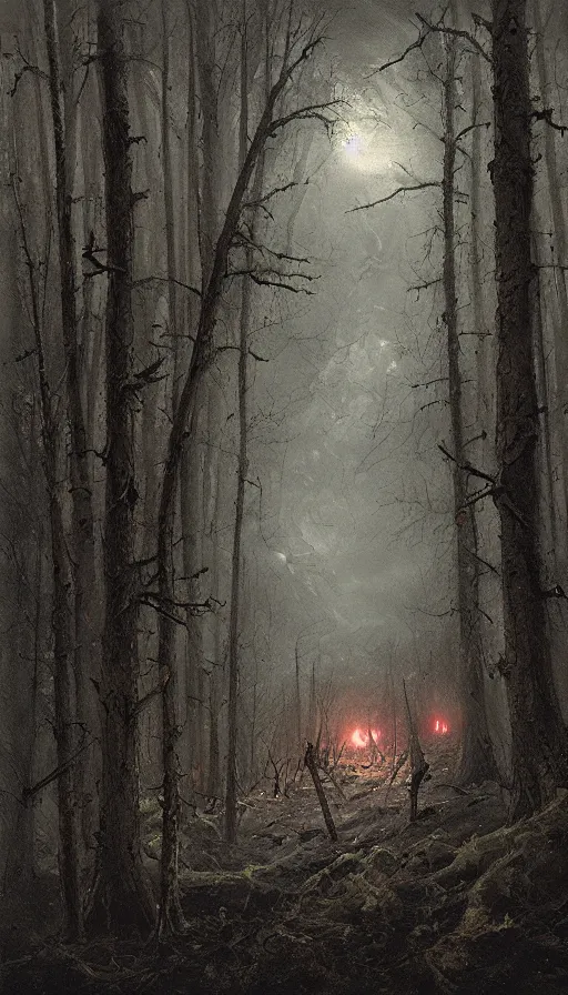 Image similar to a storm vortex made of many demonic eyes and teeth over a forest, by jakub rozalski