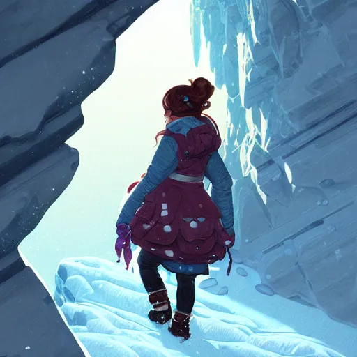 Prompt: portrait of madeline from celeste climbing a snowy mountain, bubble jacket, highly detailed, digital painting, artstation, concept art, sharp focus, illustration, art by greg rutkowski and alphonse mucha