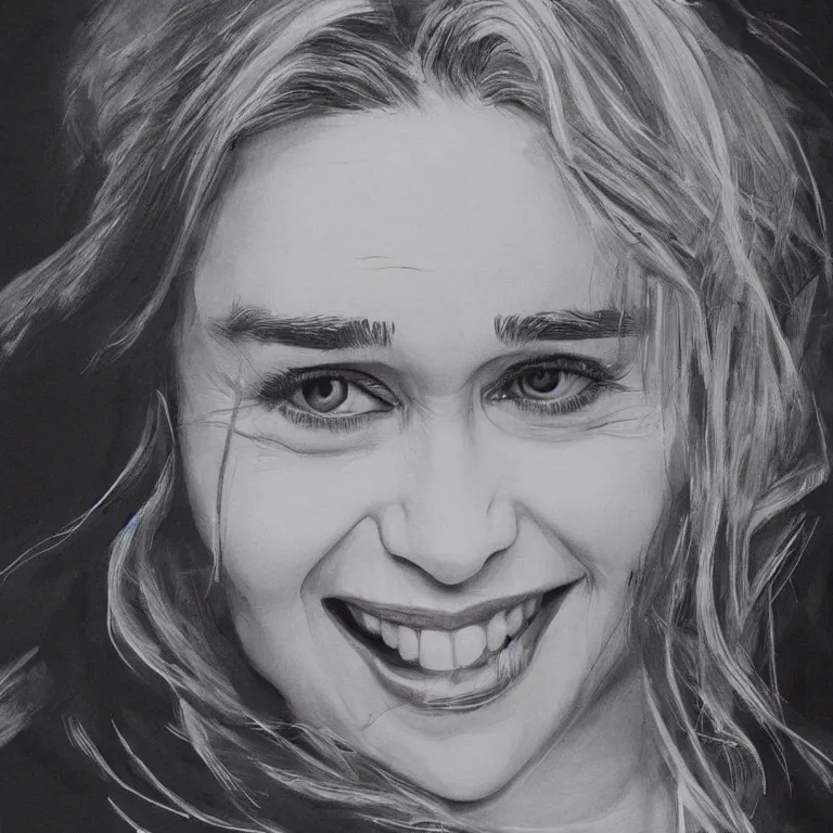 Prompt: an amaze - art painting of emilia clarke using single line in style of geoff slater, amaze art, smiling face