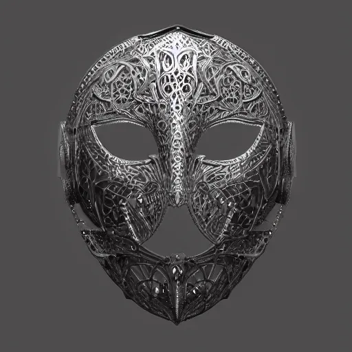 Image similar to centered detailed metal mask made with intricate filigree, satisfying cable management, triadic chrome shading. great details, fantasy artwork by artgerm and tyler edlin and rhads trending on cgsociety, trending on artstation