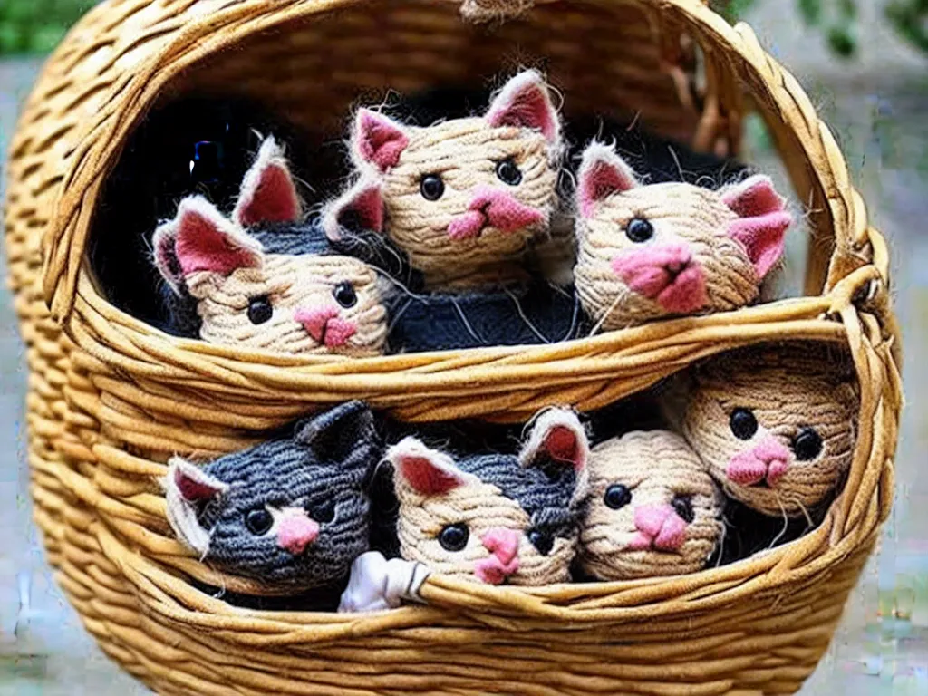 Image similar to a perfect photograph of a basket made of woven kittens, a horrifying concoction of craft, fur, legs and gratuitous nightmares