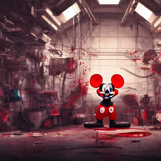 Image similar to a giant mickey mouse head, factory floor, surrounded by factory workers, octane render, cgstation, 3 d render, very detailed, mindblowing, blood and guts, gritty, cyberpunk, cinematic lighting, hyper realism