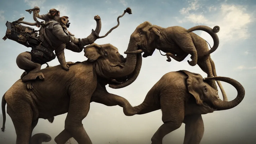 Image similar to a crazed monkey riding a war elephant into battle. hyperrealistic, octane