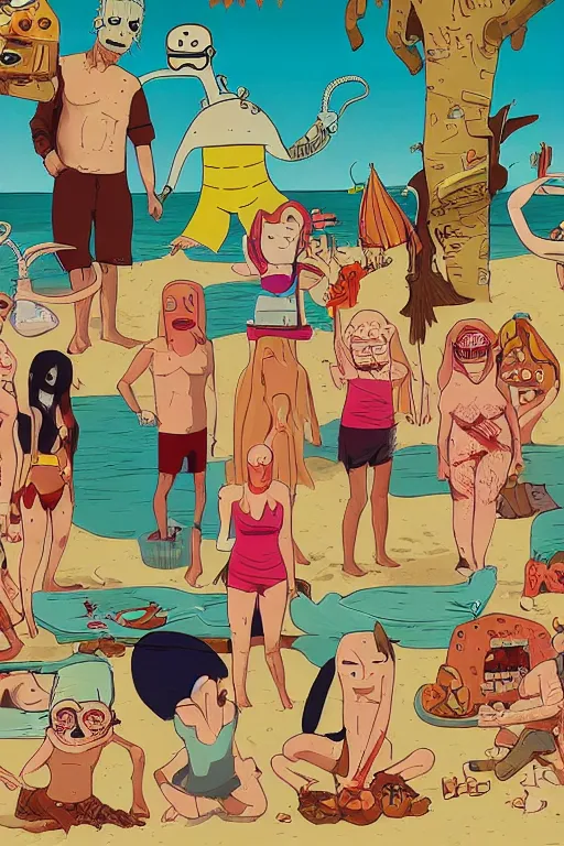 Prompt: beach blanket bingo, body horror, David cronenberg, in the style of Adventure Time