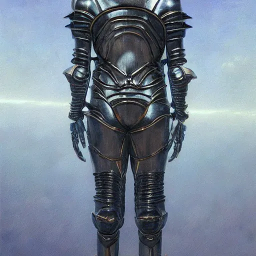 Image similar to full body portrait of beautiful gothic and futuristic fashion model, open space armour, cyber armour, highly detailed, artstation, illustration, composition, 8 k quality, art by jean delville, rene magritte, hyperrealism oil painting