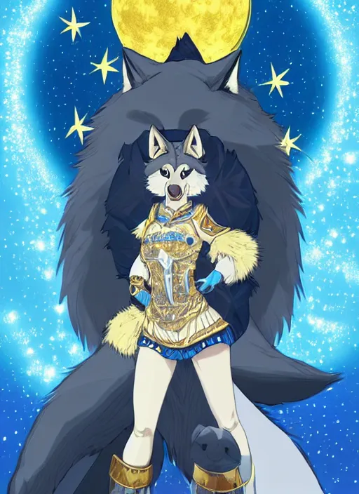 Image similar to commissioned full body portrait of a female anthro wolf princess fursona with a furry wolf head and white hair wearing a blue and gold Japanese armored dress in a white and gold palace on a starry night with a large crescent moon, by a professional manga illustrator, by Kilian Eng, by Sandra Chevrier, trending on artstation