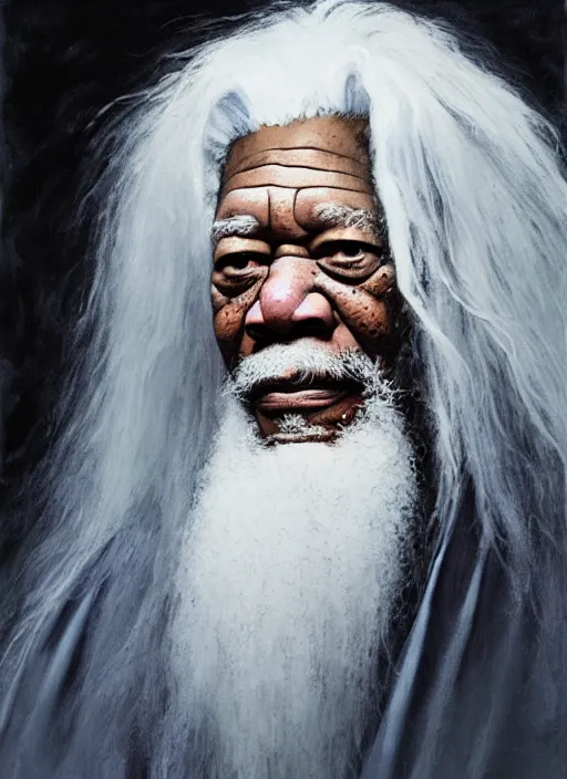 Image similar to medium camera shot of evil morgan freeman as evil wizard saurman the white, long white hair and white beard, beautiful pure white warlock flowing robes, by alan lee, lord of the rings, smooth, oil painting, matte painting, concept art, trending on artstation, promotional artwork, film still, elegant, photorealistic facial features, intricate, detailed face, dramatic lighting