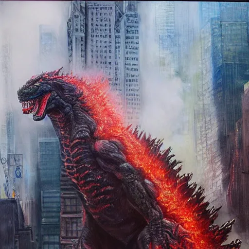 Image similar to a hyper-realistic studio oil-painting of a giant Godzilla destroying new-york; hyper-detailed; an extraordinary masterpiece!!!; flawless; trending on artstation