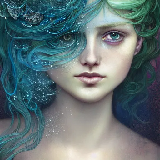 Prompt: Beautiful Delicate Detailed portrait of a mermaid With Magical green Eyes by Tom Bagshaw, Bastien Lecouffe Deharme, Erik Johansson, Amanda Sage, Alex Grey, Alphonse Mucha, Harry Clarke, Josephine Wall and Pino Daeni, Delicate water creature siren With long blue Hair and Magical Sparkling Eyes, Magic Particles; Magic Swirls, 4K; 64 megapixels; 8K resolution concept art; detailed painting; digital illustration; hyperrealism; trending on Artstation; Unreal Engine Photorealistic, lifelike, Unreal Engine, sharp, sharpness, detailed, 8K