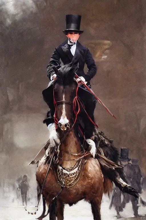 Image similar to portrait of a respectable dignified royal business elite politician wearing a top hat and coat tails riding on an emu, art by anders zorn, wonderful masterpiece by greg rutkowski, beautiful cinematic light, american romanticism by greg manchess, jessica rossier