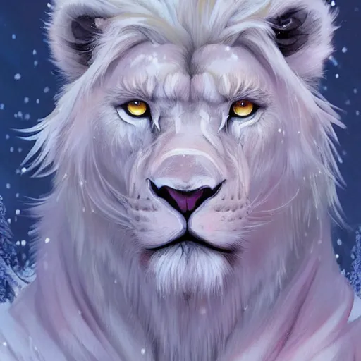 Prompt: aesthetic half body portrait commission of a albino male furry anthro lion wearing a Kimono, detailed face , hyperdetailed, snowy winter atmosphere. Character design by charlie bowater, ross tran, artgerm, and makoto shinkai, detailed, inked, western comic book art, 2021 award winning painting