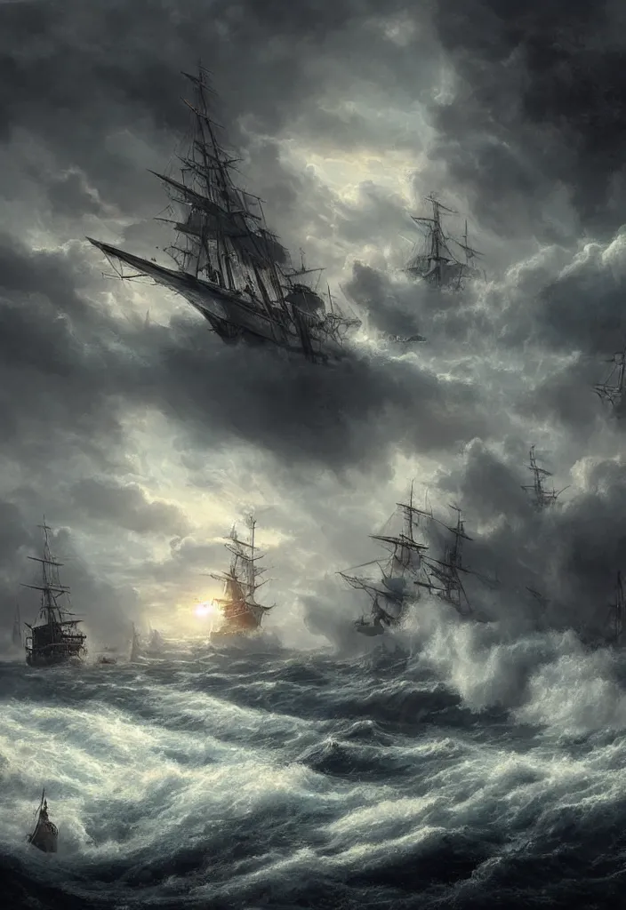 Image similar to intense ship persecution, ship being persecuted by a police ship over raging turbulent waters, hyper realistic, highly detailed, digital art, apocalyptic, intimidating lighting, raytracing, sharp focus, smooth, romanticism