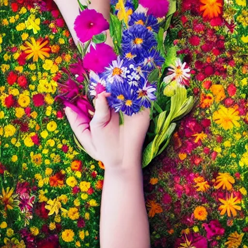 Prompt: realistic photo human body made of colorful wild flowers