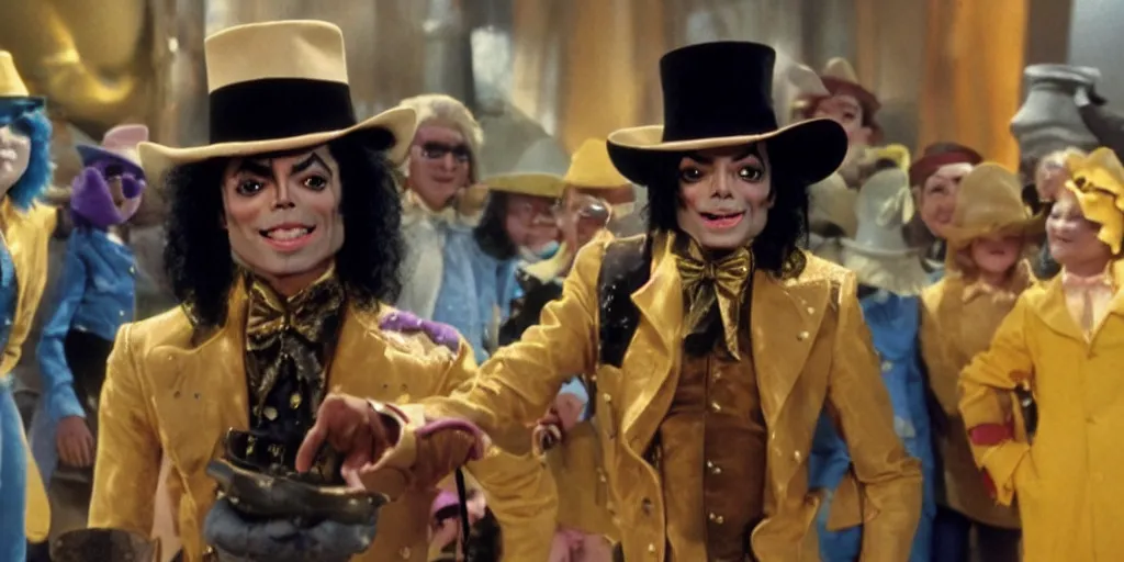 Image similar to Michael Jackson playing willy wonka in a warner bros movie, charlie and the choclate factory ultra realistic, 4K, movie still, UHD, sharp, detailed, cinematic, render, modern