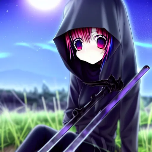 Image similar to A cute young real life 3D anime girl with long blueish violet hair, wearing a black reaper hood with shorts, a bloody scythe is laying next to her foot, in a dark field, top down angle, laying on her back, full body, moody lighting