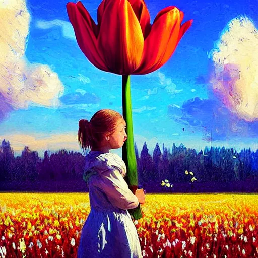 Image similar to dutch girl with one giant tulip as a face, surreal photography, flower field, sunset dramatic light, impressionist painting, colorful clouds, blue sky, digital painting, artstation, simon stalenhag