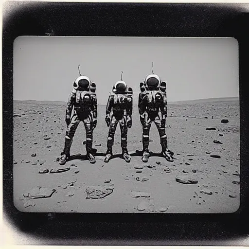 Image similar to old polaroid of aliens on mars, cinematic, epic, highly intricate