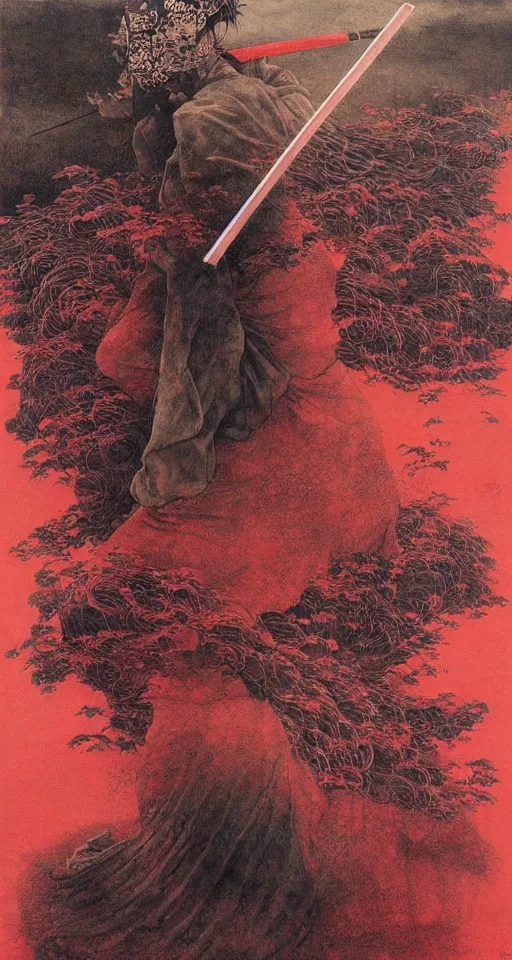 Image similar to Japanese schoolgirl runs away from Samurai with a katana on the subway, high detailed Beksinski painting, part by Adrian Ghenie and Gerhard Richter. art by Takato Yamamoto. masterpiece, deep colours, red