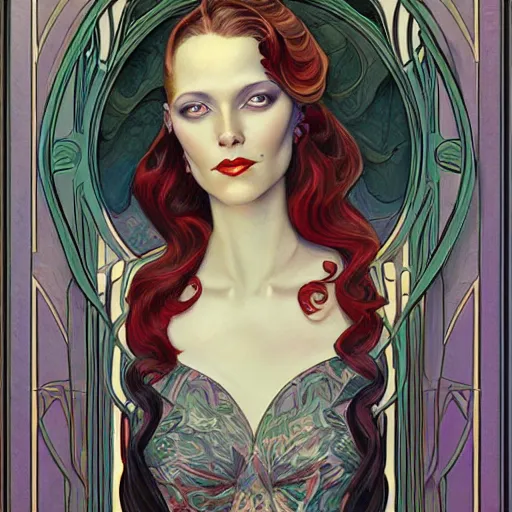 Prompt: an art nouveau streamline moderne portrait in the style of donato giancola and anna dittmann and charles dulac.