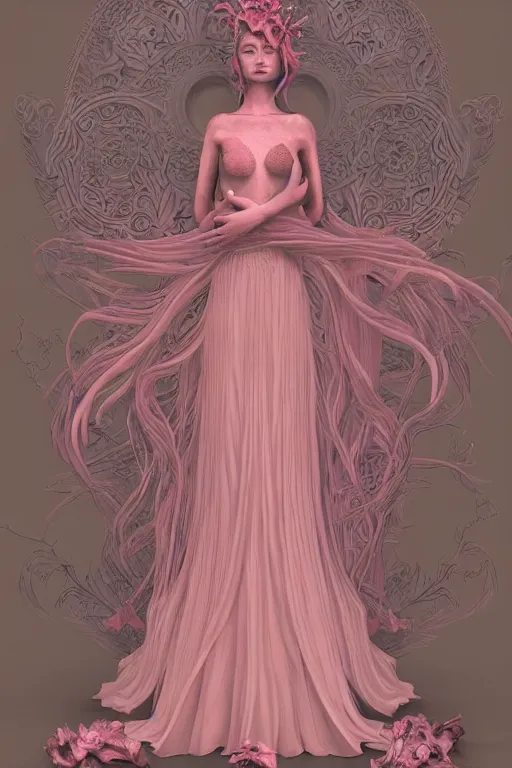 Image similar to ibiscus witch portrait, Hilda, light pink gown, southern gothic style, ornate baroque details, inspired by zdzislaw beksinski, tarot, occult, hibiscus :: unreal engine, 4k photograph, illustrated by lois van bartle, Trending on artstation, artstationHD, artstationHQ, 4k, 8k