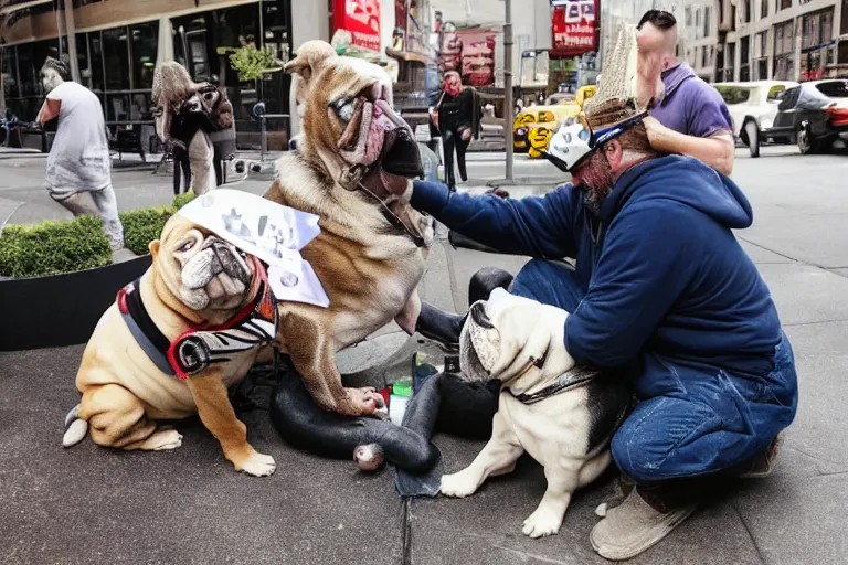 Image similar to Buddy the graying middle aged homeless man playing xbox and petting an english bulldog wearing a crown, dog wearing a crown, humans of new york