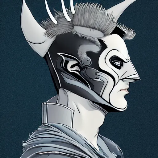 Prompt: jansen ackles as batman, 3 d close - up profile simple portrait punk with mohawk with goat skull. beautiful intricately detailed japanese crow kitsune mask and clasical japanese kimono. betta fish, jellyfish phoenix, bio luminescent, plasma, ice, water, wind, creature, artwork by tooth wu and wlop and beeple and greg rutkowski