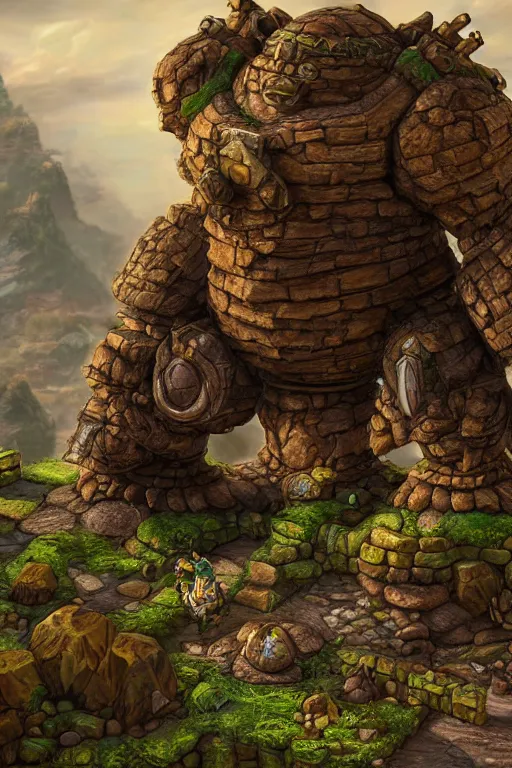 Image similar to zelda fantasy art giant golem troll wood rock greeble gemstone, global illumination ray tracing hdr fanart arstation by sung choi and eric pfeiffer and gabriel garza and casper konefal