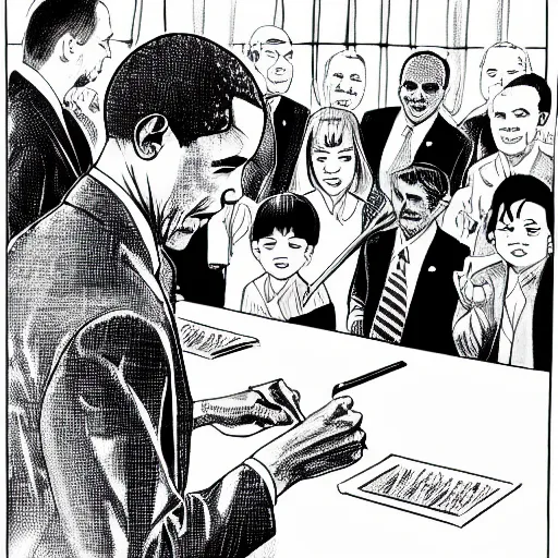 Prompt: former US President Barack Obama signing autographs, black and white crosshatching manga style.