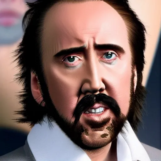 Prompt: nicolas cage with a curly mustache