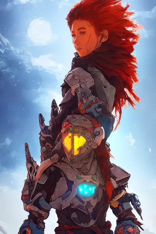 Image similar to combination suit armor aloy horizon forbidden west horizon zero dawn radiating a glowing aura global illumination ray tracing hdr fanart arstation by ian pesty and alena aenami artworks in 4 k tribal robot ninja mask helmet backpack