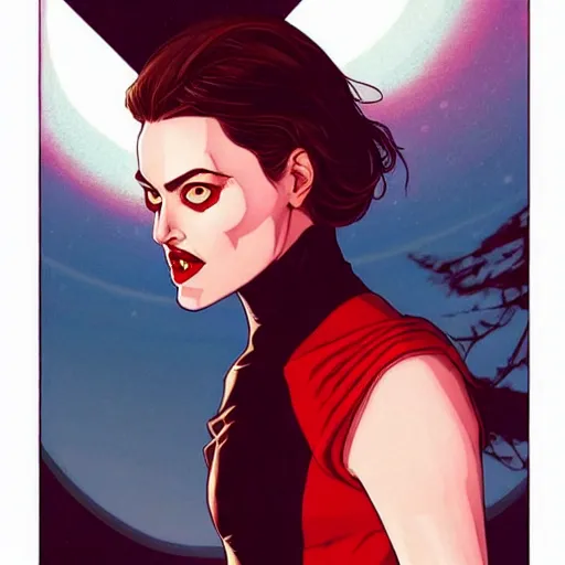 Image similar to Rafeal Albuquerque comic art, Joshua Middleton comic art, pretty Phoebe Tonkin vampire sharp teeth, fully red eyes no pupils, razor sharp teeth open mouth evil smile, horror, symmetrical face, symmetrical eyes, pretty white dress, short black hair, full body:: snow outside::