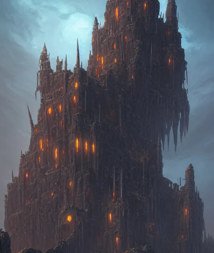 Image similar to a detailed illustration of an imposing evil obsidian fortress with spiked towers, by moebius and tyler edlin and lee madgwick, trending on artstation, digital art, 4 k resolution, detailed, beautiful render, octane render, high quality, sharp focus, hq artwork, coherent, insane detail, concept art