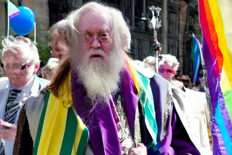 Image similar to dumbledore at a gay pride parade